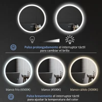 kleankin Espejo de Baño Redondo con Luces LED 70x70cm Espejo Antivaho 3 Luces de Colores Función de Memoria Interruptor Táctil(m-5)