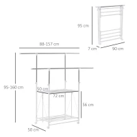 HOMCOM Perchero Plegable para Ropa con Ruedas Barras para Colgar Extensibles Altura Ajustable y 2 Estantes Tendedero de Ropa Tipo Torre 88-157x50x95-160 cm Blanco(m-3)