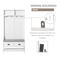 HOMCOM Perchero Zapatero con Banco 4 Ganchos 2 Compartimentos Abiertos 2 Cajones Extraíbles y Estante Inferior Moderno para Recibidor Entrada 89x42x172 cm Blanco(m-5)