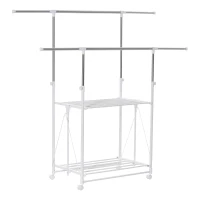 HOMCOM Perchero Plegable para Ropa con Ruedas Barras para Colgar Extensibles Altura Ajustable y 2 Estantes Tendedero de Ropa Tipo Torre 88-157x50x95-160 cm Blanco(m-1)