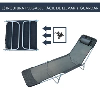 Tumbona Inclinable Plegable para Jardin Playa o Piscina con Almohada Acero y Textilene 182x56x24.5 cm Negro(m-5)
