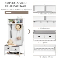 HOMCOM Perchero Zapatero con Banco 4 Ganchos 2 Compartimentos Abiertos 2 Cajones Extraíbles y Estante Inferior Moderno para Recibidor Entrada 89x42x172 cm Blanco(m-4)