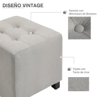 HOMCOM Taburete Bajo Otomana Reposapiés Acolchado con Patas de Madera Maciza Diseño de Botones 35x35x35 cm Gris Claro(m-5)