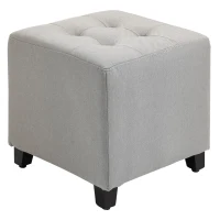 HOMCOM Taburete Bajo Otomana Reposapiés Acolchado con Patas de Madera Maciza Diseño de Botones 35x35x35 cm Gris Claro(m-1)