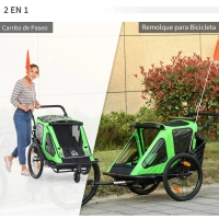HOMCOM Remolque de Bicicleta 2 en 1 para Niños +18 Meses Plegable Cochecito de Paseo de 2 Plazas con Manillar Ajustable en Altura Bandera y Reflectores 160x83x96 cm Verde(m-4)
