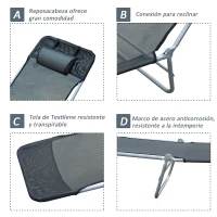 Tumbona Inclinable Plegable para Jardin Playa o Piscina con Almohada Acero y Textilene 182x56x24.5 cm Negro(m-6)