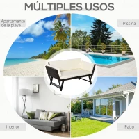 Outsunny Sofá de Ratán de 2 Plazas Convertible en Cama Individual con Reposabrazos Abatibles y Cojines Acolchados Sofá Doble para Exterior Jardín Patio Terraza 129x63x67 cm Beige(m-7)