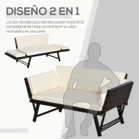Outsunny Sofá de Ratán de 2 Plazas Convertible en Cama Individual con Reposabrazos Abatibles y Cojines Acolchados Sofá Doble para Exterior Jardín Patio Terraza 129x63x67 cm Beige(m-4)