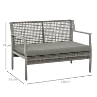 Outsunny Sofá de Ratán Estructura de Aluminio Dos Plazas con Cojín Desmontable Sillón Mueble de Jardín 118x75x79cm para Patio Exterior al Aire Libre Gris(m-3)