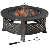 Outsunny Fire Pit with Poker Mesh Cover Fire Basket Fire Table Round Fireplace for Garden Camping BBQ Steel Black 81 x 81 x 50 cm(m-1)