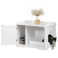 PawHut Cat Litter Box, Cat House, with Partition Wall, Magnetic Double Door, Side Shelf, White, 86 x 48 x 52cm(m-1)