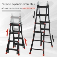 HOMCOM Escada Telescópica de Alumínio 4 m Escada Extensível Dobrável com 4 Degraus Ajustáveis Preto e Vermelho(m-6)