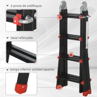 HOMCOM Escada Telescópica de Alumínio 4 m Escada Extensível Dobrável com 4 Degraus Ajustáveis Preto e Vermelho(m-7)