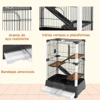 PawHut Gaiola para Animais Pequenos com Rodas 3 Plataformas 3 Rampas Bandejas Amovíveis 114x75x50 cm Preto(m-6)