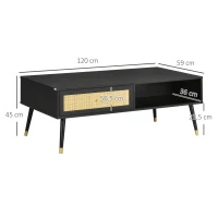HOMCOM Couchtisch im Boho-Design, mit 1 Schublade, 2 Fächern, Rattan-Element, Schwarz + Natur(m-3)