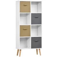 HOMCOM Bücherregal Standregal Kommode Küchenschrank Würfelregal mit offene Ablagefächer und  Stoffschubladen,Weiß+Braun+Grau, Spanplatte, 54,5 x 24 x 122,5 cm(m-1)