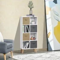 HOMCOM Bücherregal Standregal Kommode Küchenschrank Würfelregal mit offene Ablagefächer und  Stoffschubladen,Weiß+Braun+Grau, Spanplatte, 54,5 x 24 x 122,5 cm(m-2)