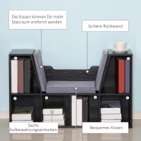 HOMCOM Bücherregal mit Sitzhocker Sitzbank Sitzbänke & -truhen mit 6 Stauräumen für Aufbewahrung Sitzbar mit Kissen Spanplatte Schaumstoff Leinen Schwarz+Grau 102 × 30 × 61 cm(m-6)