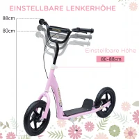 HOMCOM Tretroller, Scooter für Kinder, mit Handbremse, Ständer, 12 Zoll Räder, ab 5 Jahren, Stahl, Rosa 120 x 52 x 88 cm(m-7)