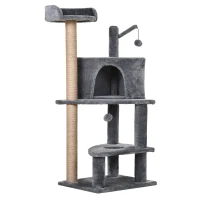 PawHut Arbre à chat griffoir grattoir sisal naturel plateformes niche et jeux de boules suspendues dim. 50L x 40l x 112H cm peluche haute densité 500 g/m² gris(m-1)