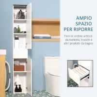 kleankin Mobile Bagno con Ripiano Regolabile, 2 Ripiani Chiusi e un Cassetto in Legno, 30x28x180 cm, Bianco(m-4)