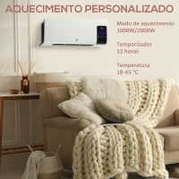 HOMCOM Aquecedor Elétrico de Parede 1000W/2000W Aquecedor com Ecrã LED Controlo Remoto Termostato Temporizador 54,5x12x21,5cm Branco(m-4)