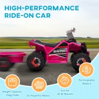 HOMCOM 6V Quad Bike with Back Trailer, Wear-Resistant Wheels, for Ages 18-36 Months, Pink(m-6)