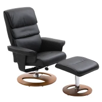 HOMCOM Relaxsessel mit Hocker Fernsehsessel Polstersessel 360° drehbar 145° neigbar PU-Bezug Holzfuß Schwarz 81 x 76 x 103 cm(m-1)