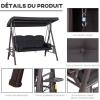 Outsunny Balancelle de Jardin 3 Places Grand Confort Toit Inclinaison réglable Coussins Plateaux rétractables Polyester filé Noir(m-7)