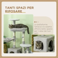 PawHut Tiragraffi per Gatti in Truciolato con Palo in Sisal, Casetta e Posatoi, 65x30x104 cm, Grigio Chiaro(m-6)