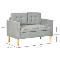 HOMCOM Modern 2 Seater Sofa with Hidden Storage, 117cm Tufted Cotton Couch with Wood Legs, Compact Loveseat for Living Room, Kitchen, Light Grey(m-3)