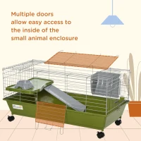 PawHut Small Animal Cage Rabbit Guinea Pigs Chinchillas Cage w/ Wheels Water Bottle Food Dish Platform Ramp 89 x 44 x 43 cm Green(m-7)