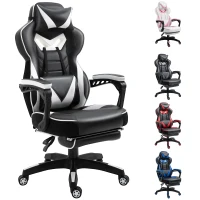Vinsetto Computer Gaming Chair, Racing Desk Chair with Lumbar Support and Footrest, PU Leather Gamer Chair with Headrest and Swivel Wheels for Home, White(m-1)