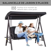Outsunny Balancelle de Jardin 3 Places Grand Confort Toit Inclinaison réglable Coussins Plateaux rétractables Polyester filé Noir(m-4)