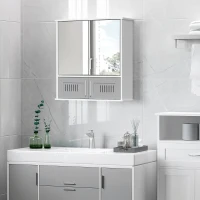 kleankin Bathroom Mirror Cabinet, Wall Mounted Storage Cupboard with Double Doors and Adjustable Shelf, Bathroom Organizer, Grey(m-2)