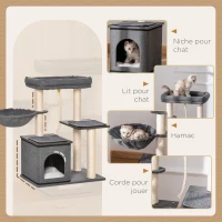 PawHut Arbre à chat avec griffoir en sisal niche lit pour chat hamac corde à taquiner plateformes en panneaux de particules coussins lavés 60 x 40 x 83 cm gris foncé(m-4)