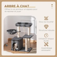 PawHut Arbre à chat avec griffoir en sisal niche lit pour chat hamac corde à taquiner plateformes en panneaux de particules coussins lavés 60 x 40 x 83 cm gris foncé(m-3)