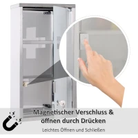 HOMCOM Medizinschrank aus Edelstahl Arzneischrank zur Medikamenten-Aufbewahrung, Abschließbar Medikamentenschrank mit 3 Fächer, Glastür 25 x 12 x 48 cm, Silber(m-4)