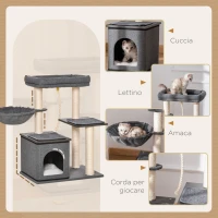 PawHut Albero Tiragraffi per Gatti con Lettino, Amaca, Casetta e Pali in Sisal, 60x40x83cm, Grigio(m-5)