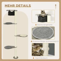 PawHut Drapak z Hamakiem, 3 Poziomy, Sznurek sizalowy, 50 cm x 34 cm x 185 cm, Szary + Naturalny(m-5)