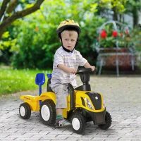 HOMCOM Tractor para Niños de 12-36 Meses con Remolque Extraíble Coche Correpasillos con Bocina Faros Pala Asiento de Suelo 25 cm y Rastrillo Carga 25 kg 91x29x44 cm Amarillo(m-2)