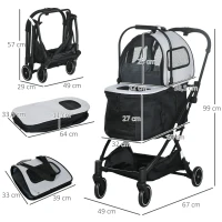 PawHut 3in1 Hundewagen, 2 Kabinen, klappbar, Aufbewahrungskorb, Stahlrahmen, grau, 67 x 49 x 99 cm(m-3)