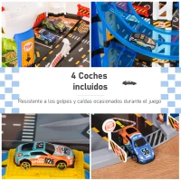 HOMCOM Parking Infantil de 7 Plantas Garaje de Juguete Incluye Ascensor Eléctrico con Luz y Sonido Doble Pista y 4 Coches de Carreras para +3 Años 64x59x113 cm Azul y Blanco(m-5)