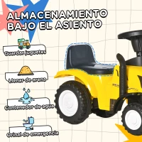 HOMCOM Tractor para Niños de 12-36 Meses con Remolque Extraíble Coche Correpasillos con Bocina Faros Pala Asiento de Suelo 25 cm y Rastrillo Carga 25 kg 91x29x44 cm Amarillo(m-5)