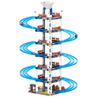 HOMCOM Parking Infantil de 7 Plantas Garaje de Juguete Incluye Ascensor Eléctrico con Luz y Sonido Doble Pista y 4 Coches de Carreras para +3 Años 64x59x113 cm Azul y Blanco(m-1)