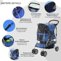 PawHut Hundebuggy Hundewagen bis 10 kg Klappbar Regenschutz Bodenkorb 2 Becherhalter 75 cm x 45 cm x 97 cm, Blau(m-7)
