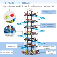 HOMCOM Parking Infantil de 7 Plantas Garaje de Juguete Incluye Ascensor Eléctrico con Luz y Sonido Doble Pista y 4 Coches de Carreras para +3 Años 64x59x113 cm Azul y Blanco(m-4)