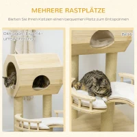 PawHut Kratzbaum, Katzenhaus, mit Liege, waschbare Liegepolster, drei Kratzstämme, Kiefernholz, 59,5 x 59,5 x 92cm(m-4)