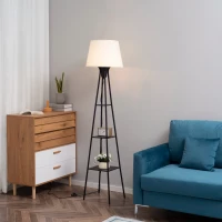 HOMCOM Lampadaire design contemporain avec 3 étagères de rangement douille E27 40 W interrupteur à pédale inclus abat-jour tissu métal 35 x 35 x 173 cm beige et noir(m-4)