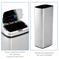 HOMCOM Cos Gunoi Inox 50 L – Rectangular cu Senzor Infrarosu(m-6)